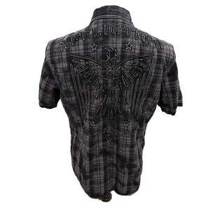 Affliction Black Premium Buckle Exclusive Distressed Eagle Plaid Short Sleeve Sh